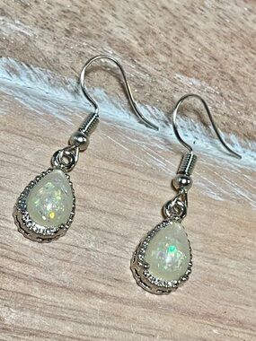 White Fire Opal Teardrop Earrings Set in 925 Sterling Silver. Simple and Elegant